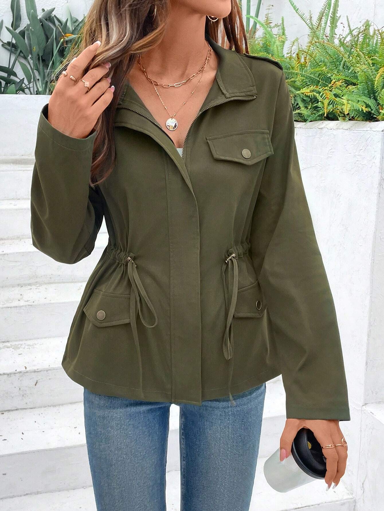 Women'S Fashion Utility Jacket - Jaket Wanita dengan Tali Serut di