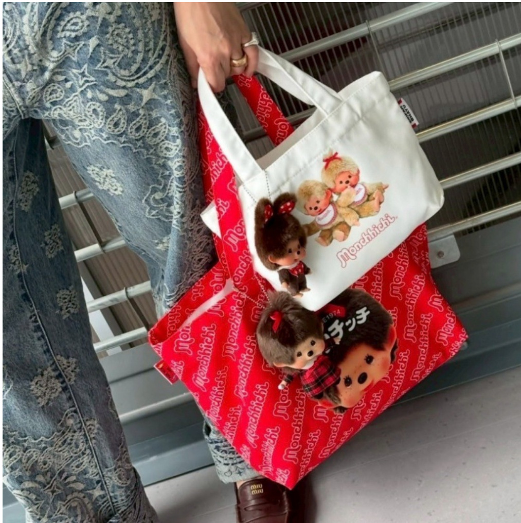 Canvas Tote Bag - Tas tangan kanvas Monchichi kartun Jepang,