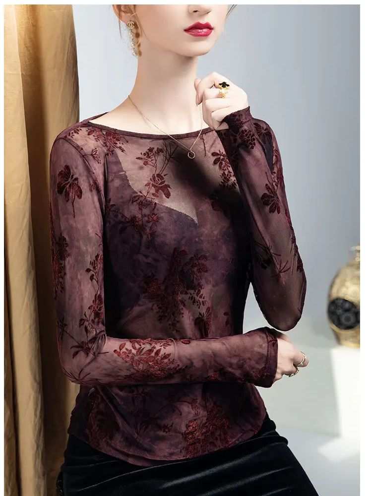 Women'S Fashion Trends Fall 2025 - Atasan Wanita Kerah Bulat Bermotif Flock,