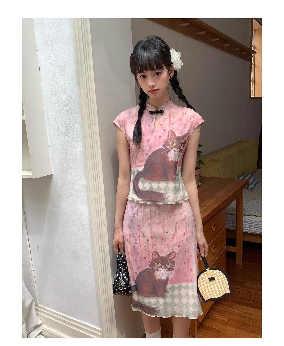Set Dua Potong Motif Kucing Y2 - Asymmetric Top Women ulasan dan harga